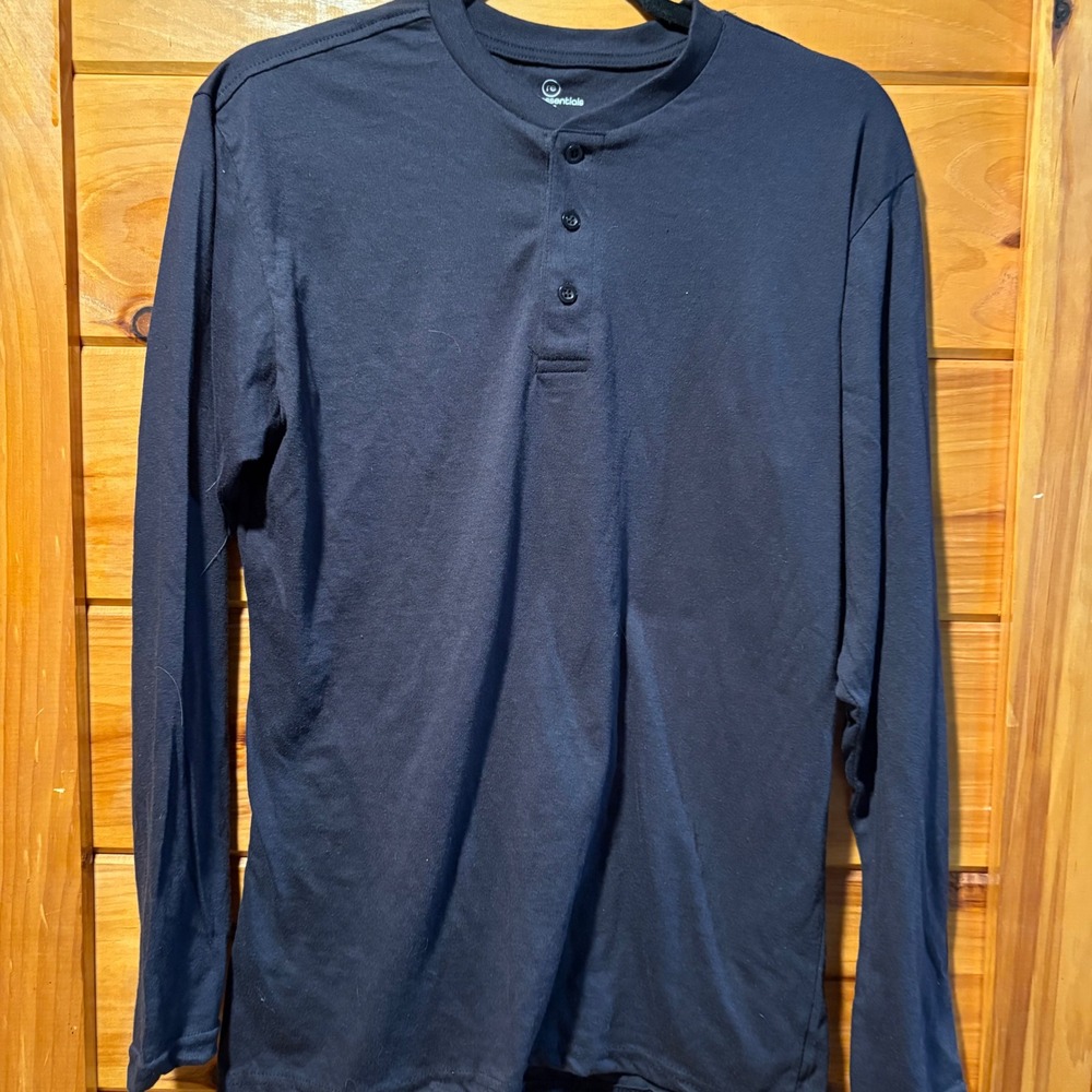 Real Essentials Mens Long Sleeve Henley Shirt Dark Navy Blue Size M Medium